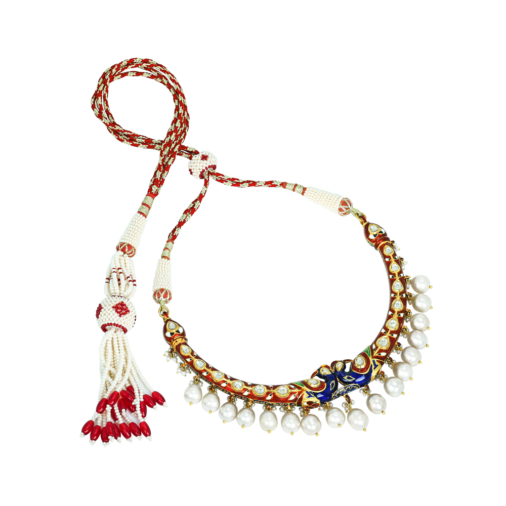 Peacock Motif Enamel Necklace Set with Polki and Pearl Drops